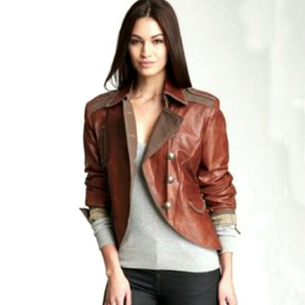 My Tribe Rust Leather Moto/Military Jacket